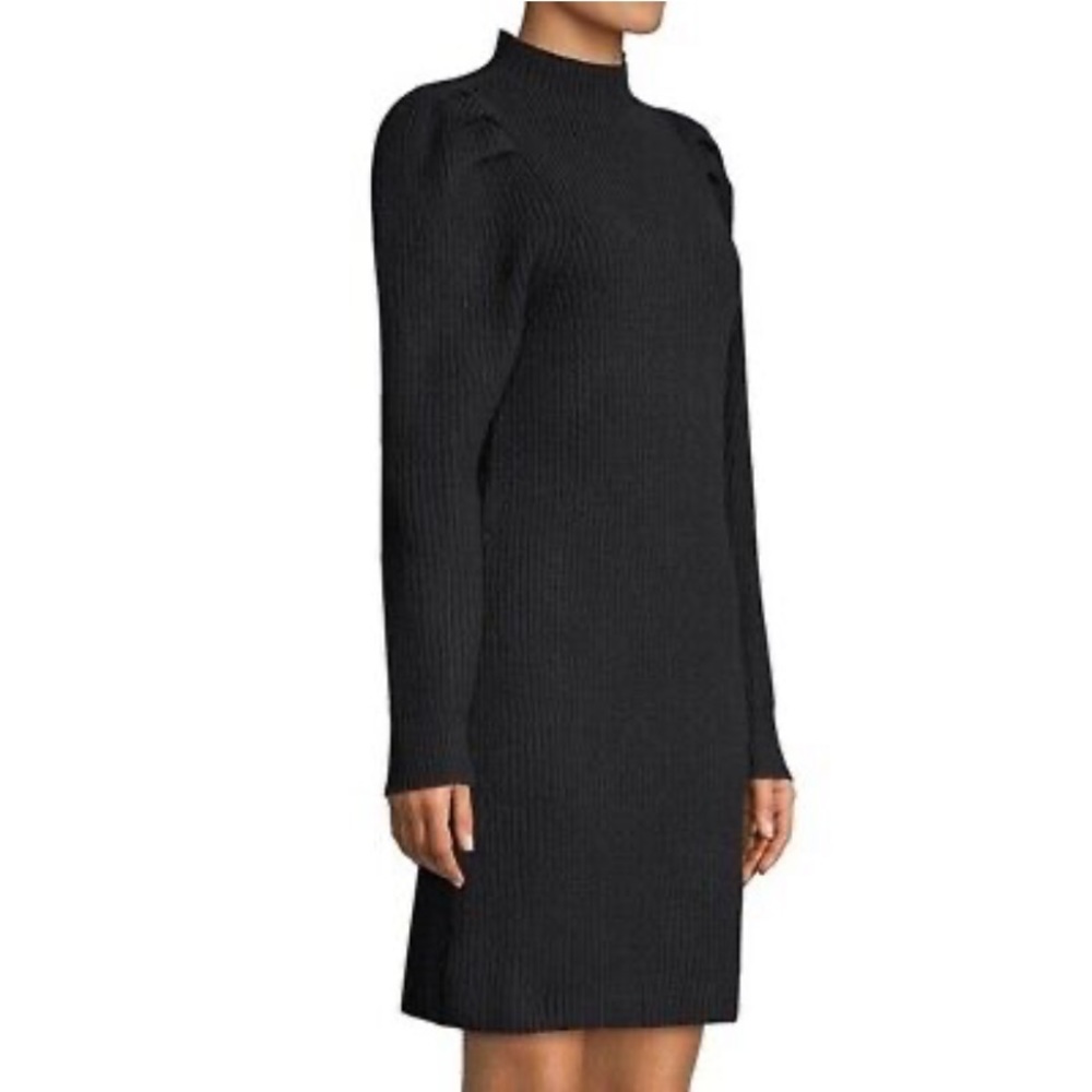 Sandro - Black, Ribbed wool dress, puffed long sleeves, M/38 France